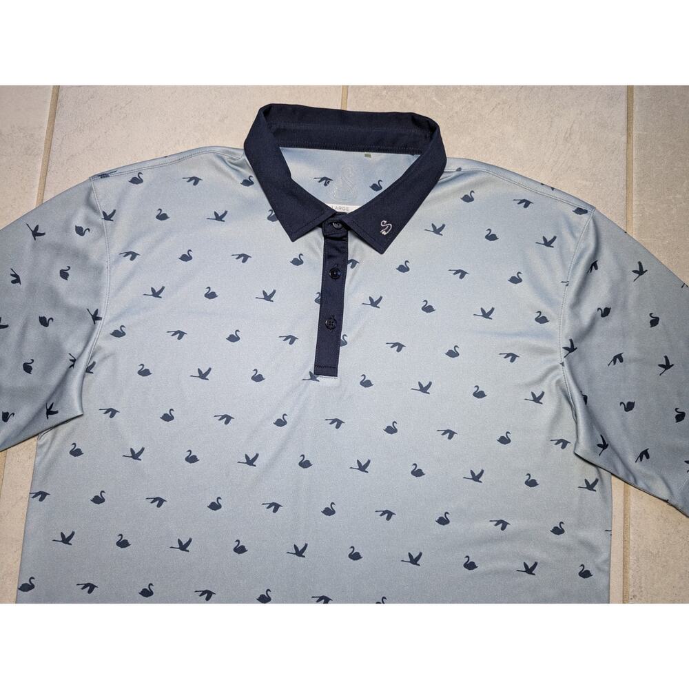 Swannies Men's Large Polo Shirt Golf Performance Blue Swan Bird Print Stretch